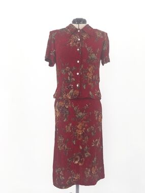 ✨Vintage K Petite 100% Rayon Floral 2 Piece Set Dress Plus Shirt Red Midi 8P✨